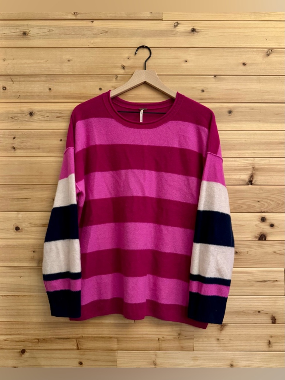 Free People Small Addie Vibrant Pink Striped Oversized Cashmere Sweater Cozy